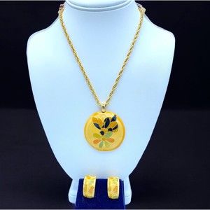 Vintage Cloisonne Enamel Butterfly Pendant Necklace and Clip Earring Set Cottage